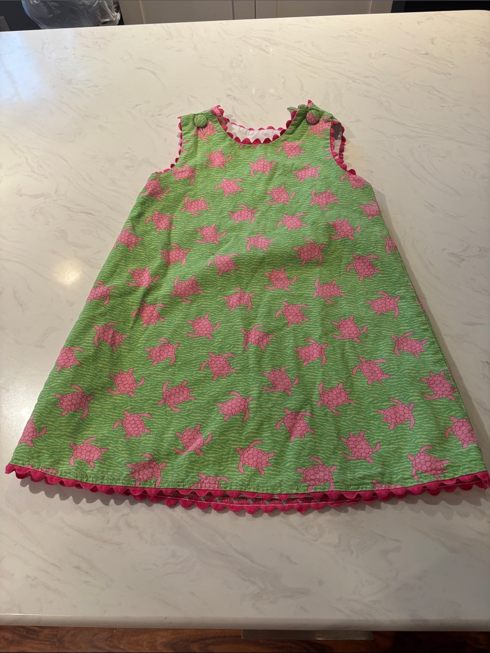 Girls Sleeveless Green Dress with Pink Turtle Print